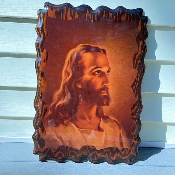 Vintage Head of Christ Lacquered Wood Wall Art 15x22 - Picture 8 of 12